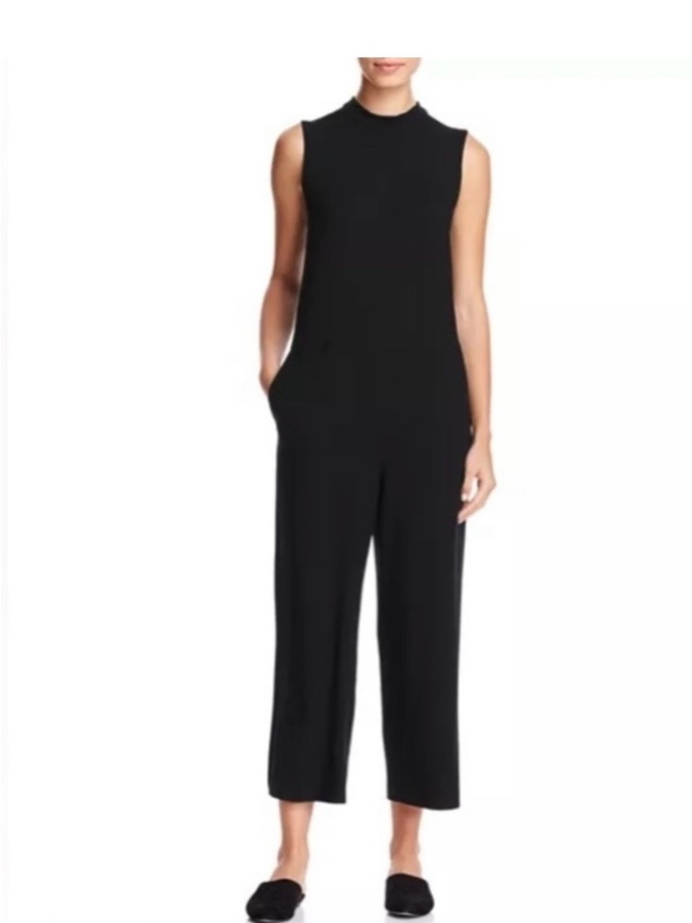 Eileen Fisher Black Sleeveless High-Neck Wide-Leg Jumpsuit, size M